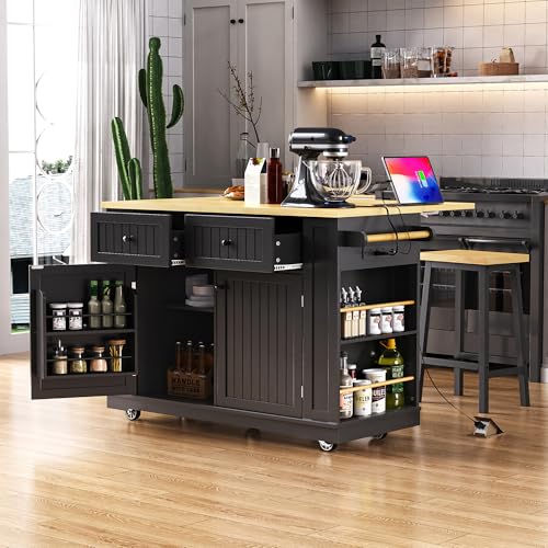 Black 48-inch Rolling Kitchen Island with Drop Leaf & Power Outlet P4596