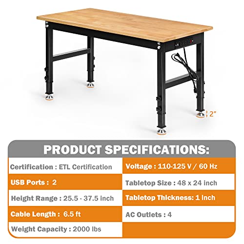 48" Heavy Duty Adjustable Rubber Wood Workbench with Pegboard W3206