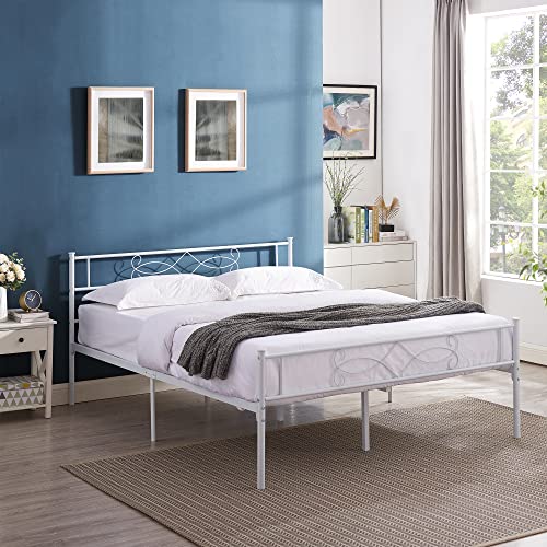14" Full Size White Metal Platform Bed Frame with Headboard Y3159