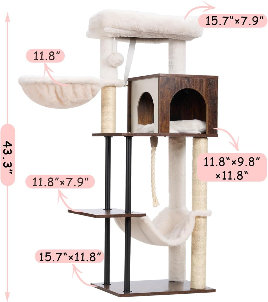 Rustic Brown 43.3in Wood Cat Tree with Sisal Rope Scratching Post C743283