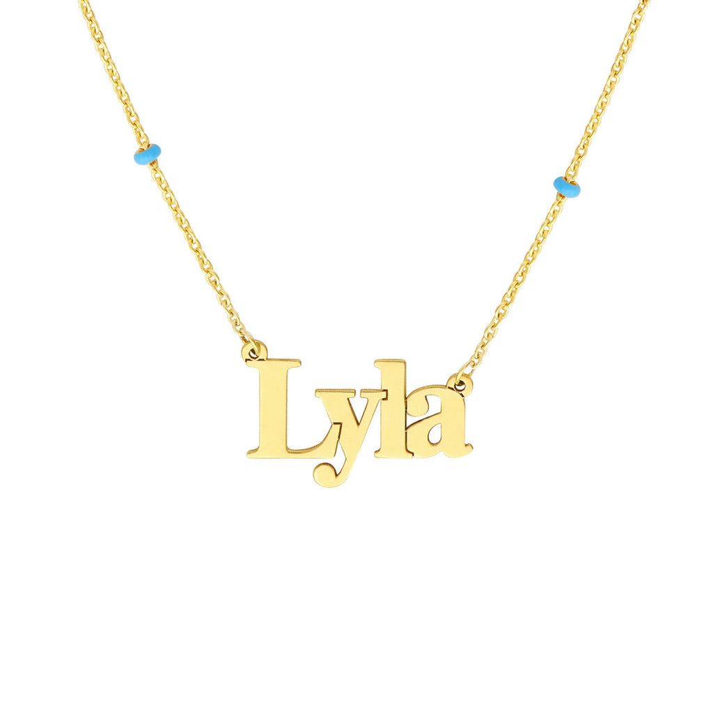 14K Yellow Gold Turquoise Station Beads Nameplate Pendant Necklace R359155