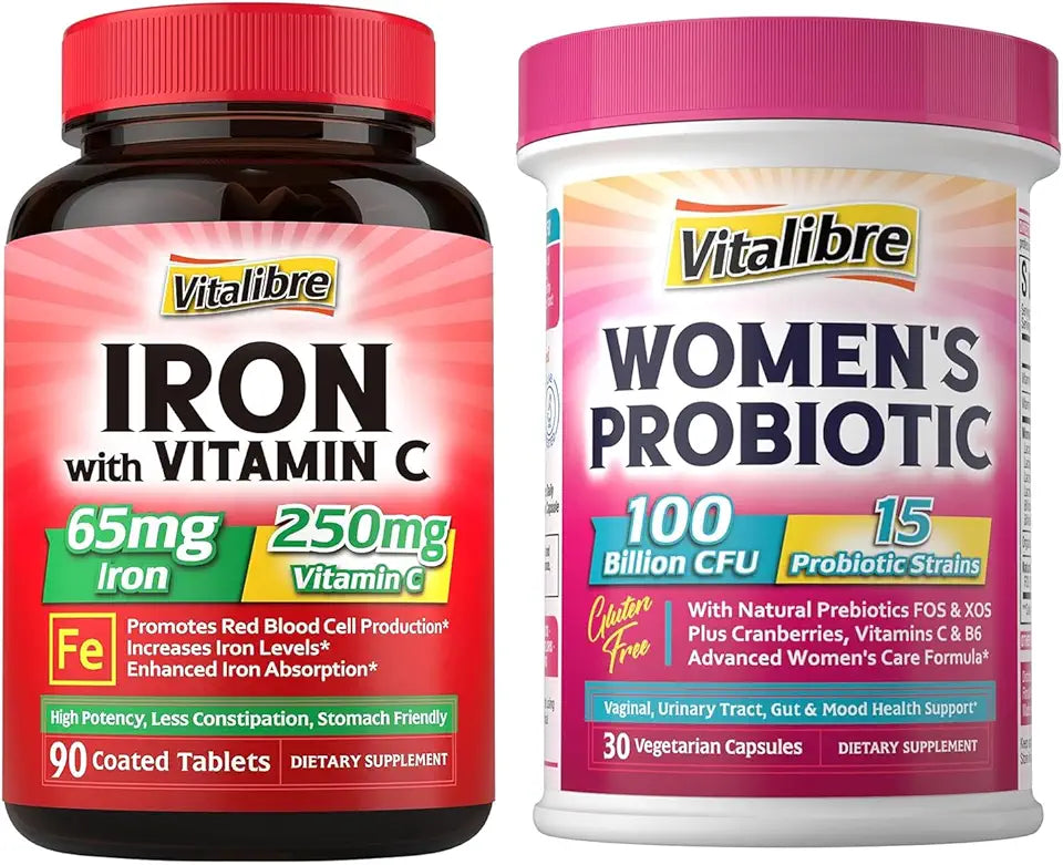 Probiotics for Women 100 Billion CFU 15 Strains & Iron Supplement 65mg with Vitamin C 90 Tablets L6332