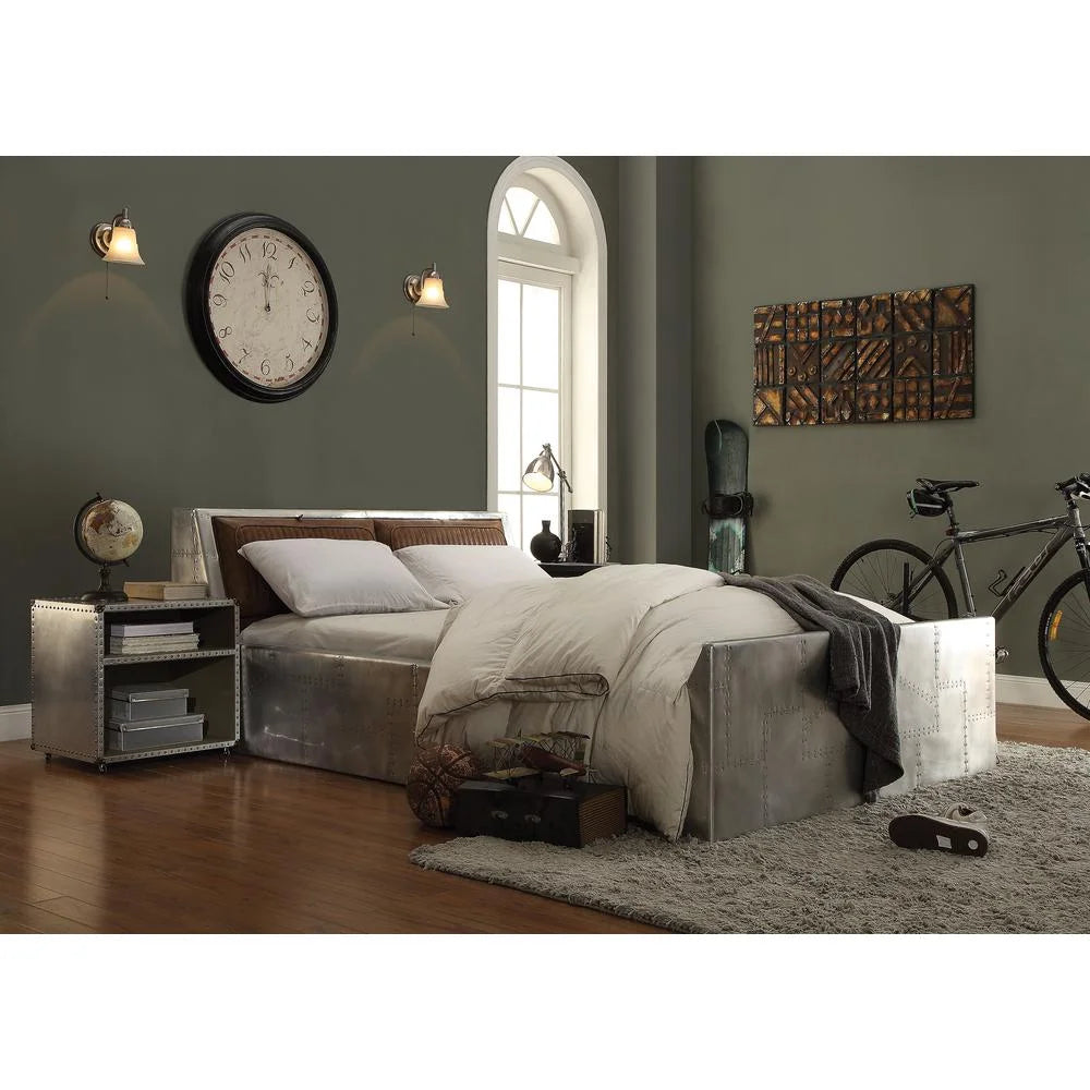 Queen Bed Retro Brown Top Grain Leather & Aluminum F77599