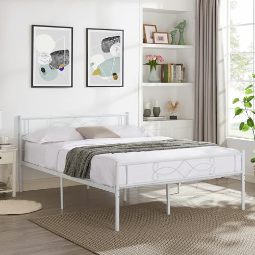 14" Full Size White Metal Platform Bed Frame with Headboard Y3159