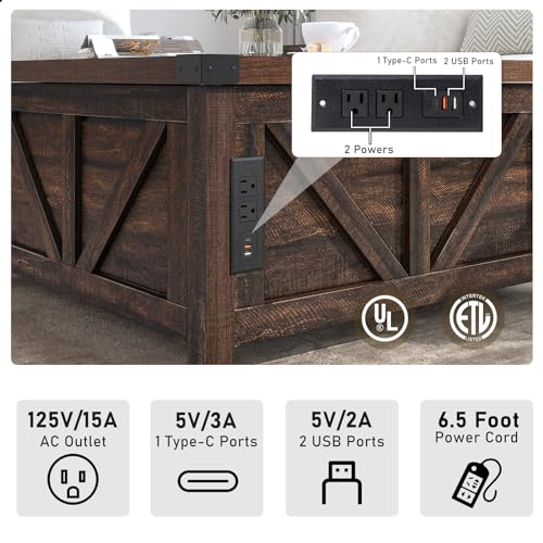 Brown Wood Lift Top Coffee Table with Storage and USB Port S69093