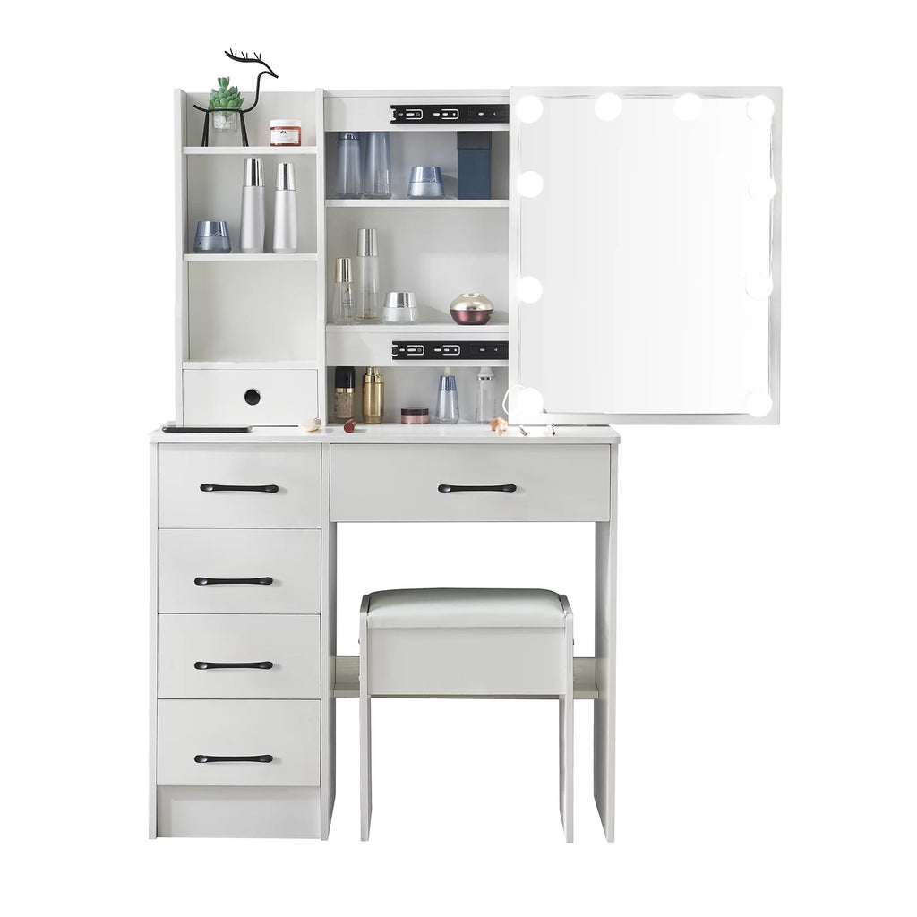 White Vanity Table with Lighted Mirror and Stool E54259