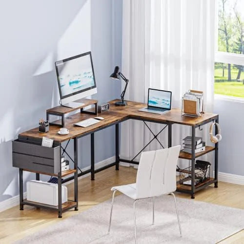 L Shaped Desk with Shelves Monitor Stand Bag Hooks Black E39837
