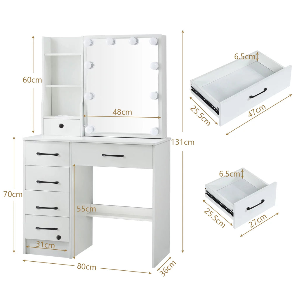 White Vanity Table with Lighted Mirror and Stool E54259