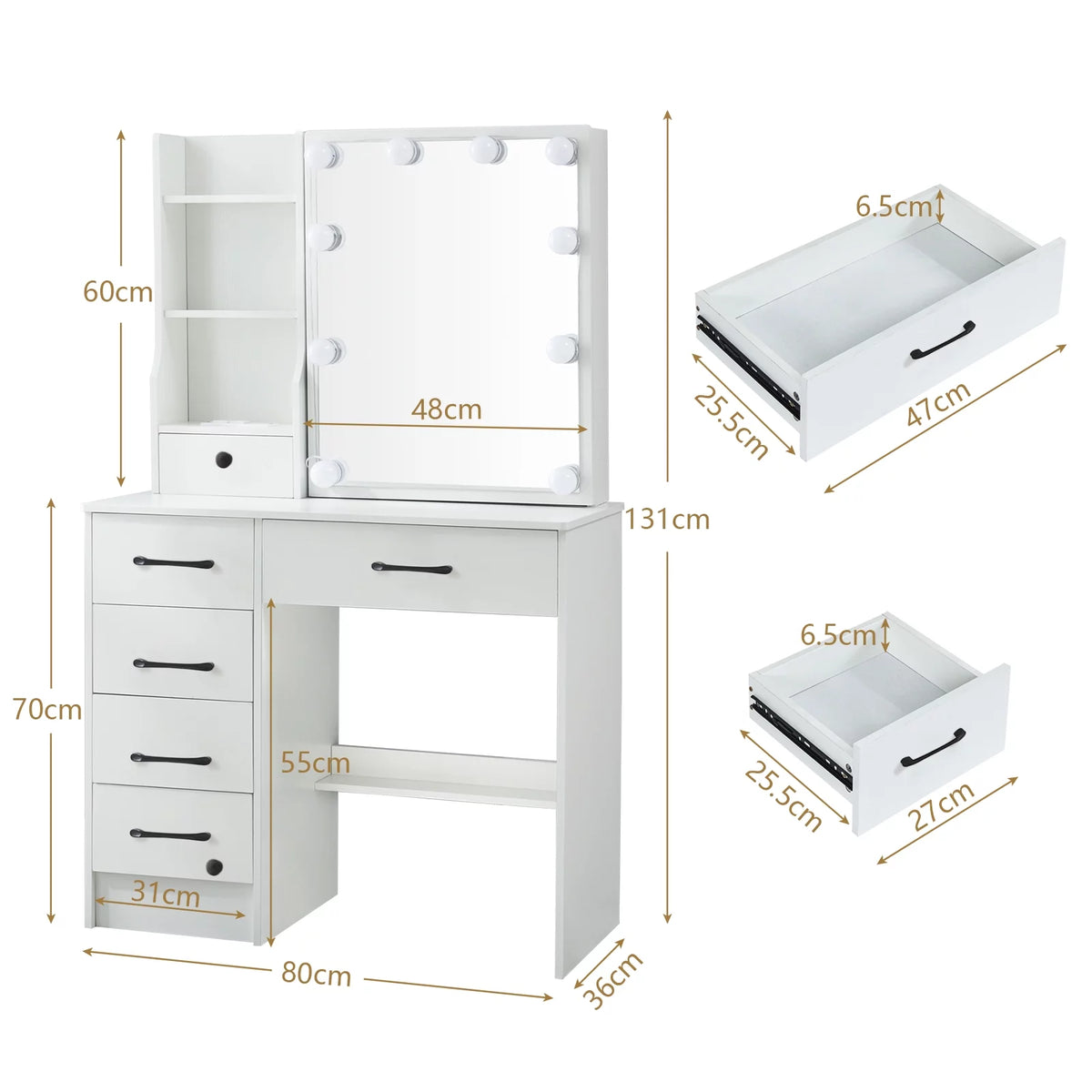 White Vanity Table with Lighted Mirror and Stool E54259