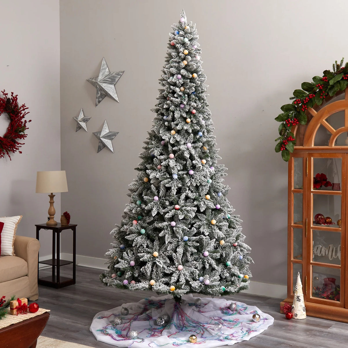 9.5Ft. Artificial Christmas Tree With 150 Multi Color Globe Bulbs And 2297 Bendable Branches K6717