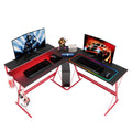 Red L-Shaped LED Gaming Computer Desk with Cup Holder and Headphone Hook J9967