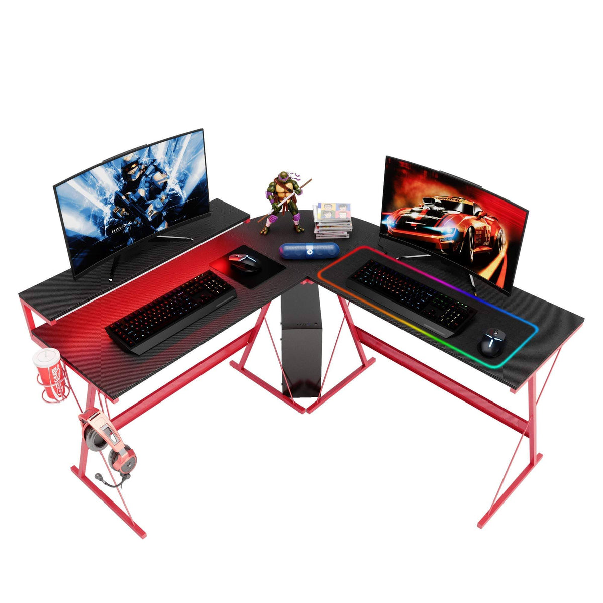 Red L-Shaped LED Gaming Computer Desk with Cup Holder and Headphone Hook J9967