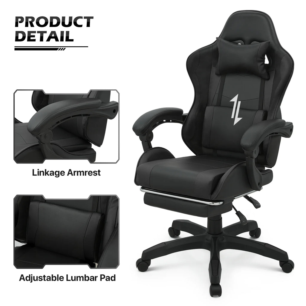 Black Swivel Gaming Chair with Footrest and Lumbar Support F347