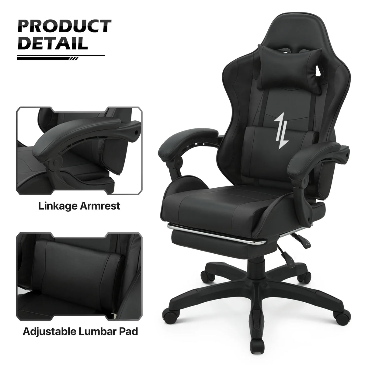 Black Swivel Gaming Chair with Footrest and Lumbar Support F347