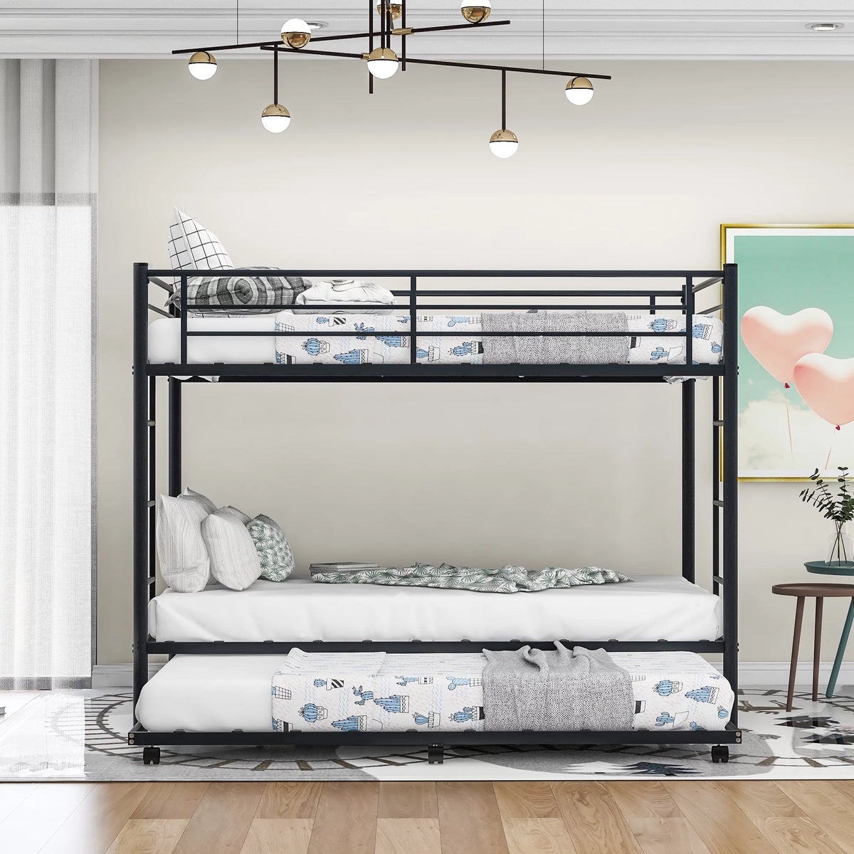 Black Metal Twin over Twin Bunk Bed with Trundle O2756