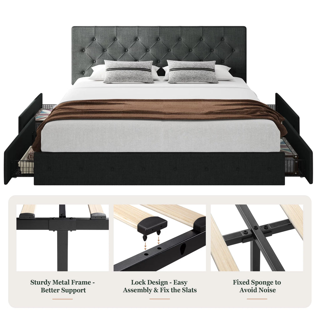 King Size Platform Bed Frame with Headboard and 4 Drawers, Dark Grey Z53394