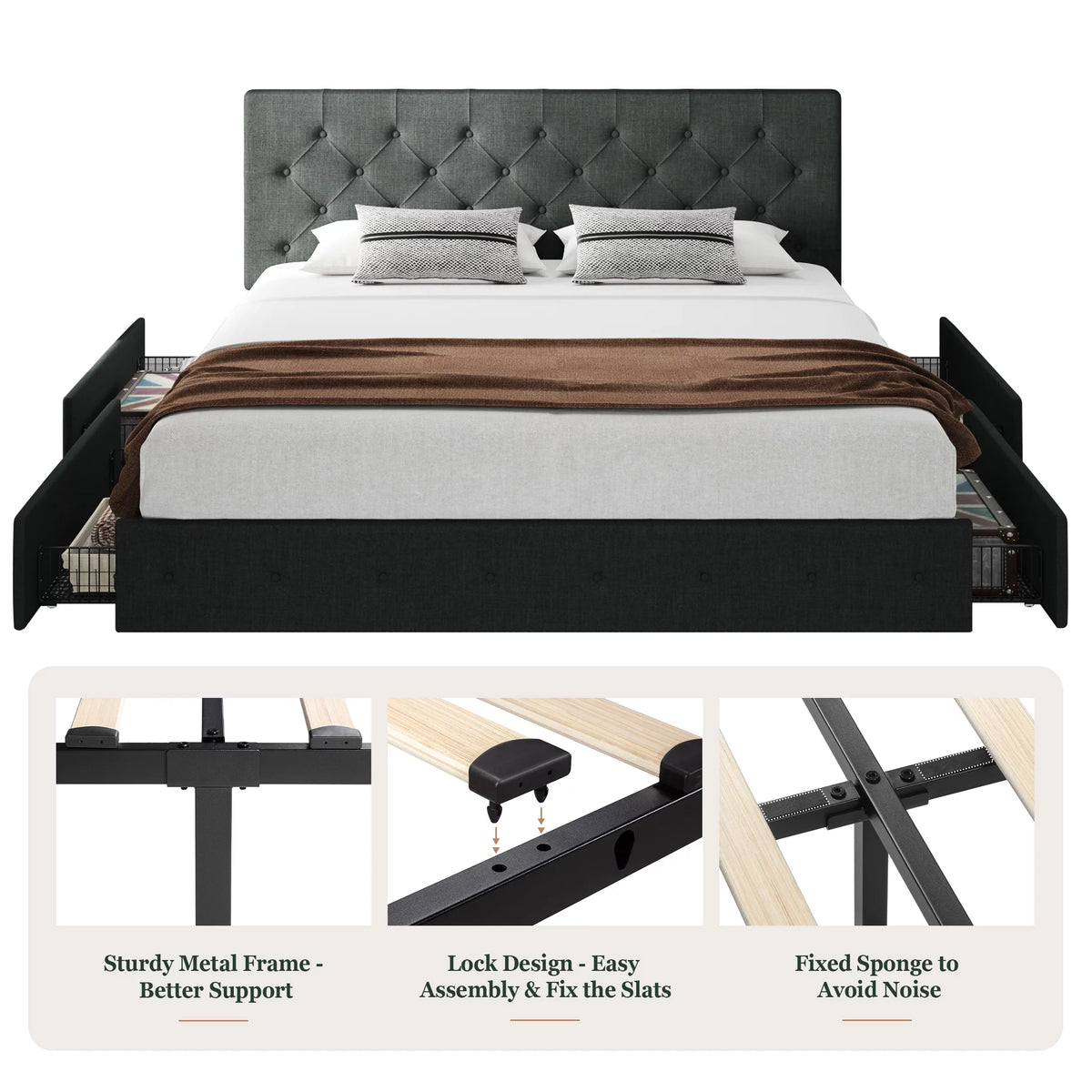 King Size Platform Bed Frame with Headboard and 4 Drawers, Dark Grey Z53394