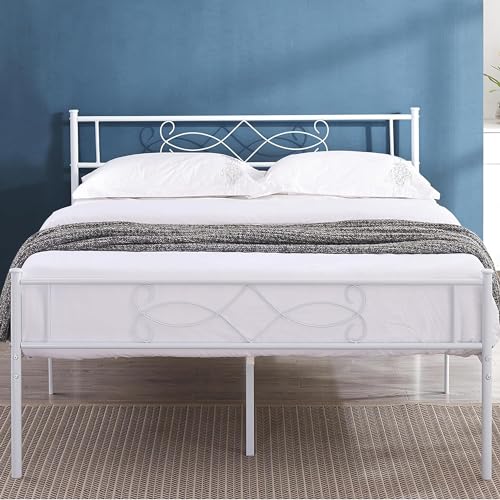 14" Full Size White Metal Platform Bed Frame with Headboard Y3159