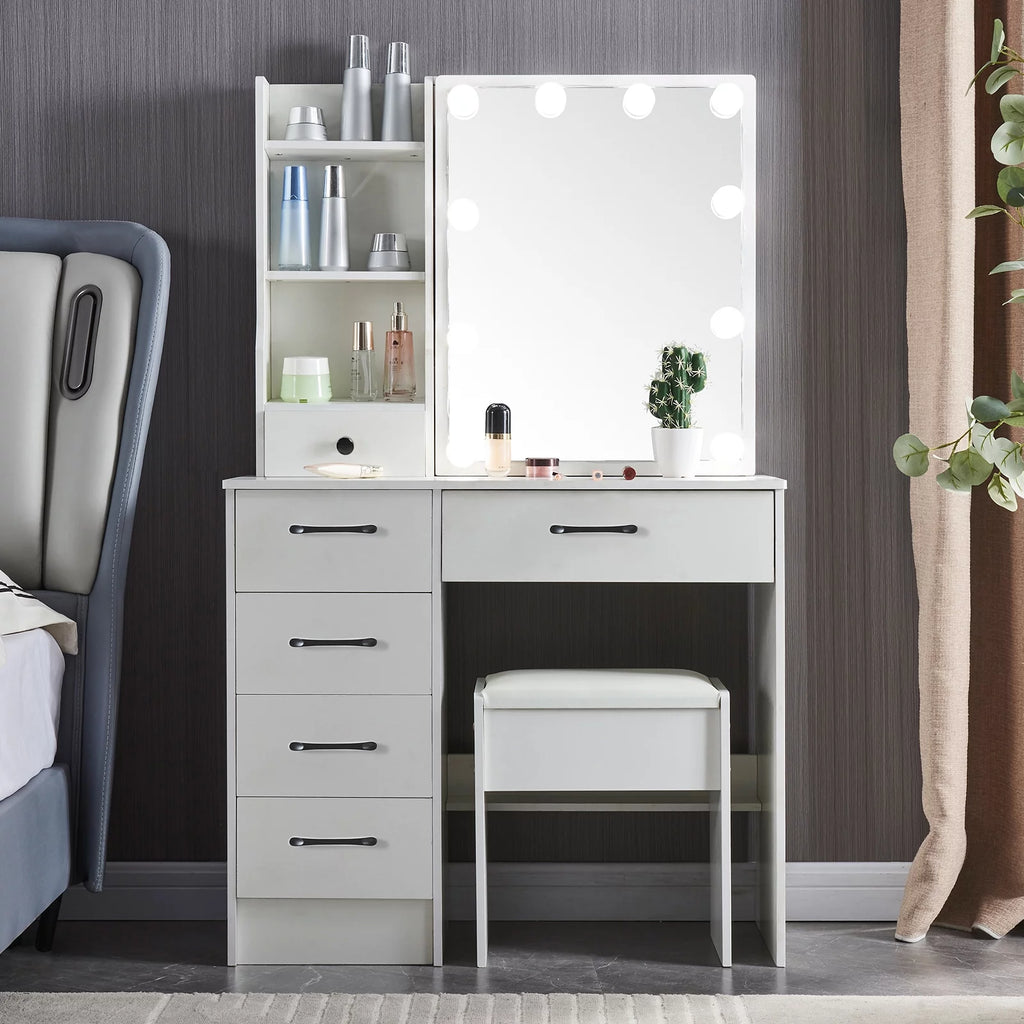 White Vanity Table with Lighted Mirror and Stool E54259