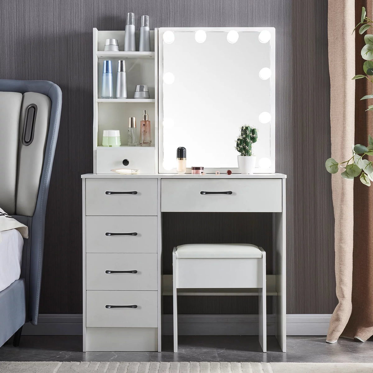 White Vanity Table with Lighted Mirror and Stool E54259
