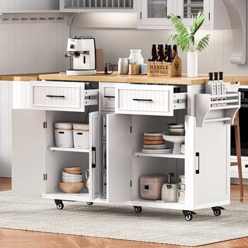 Black 48-inch Rolling Kitchen Island with Drop Leaf & Power Outlet P4596