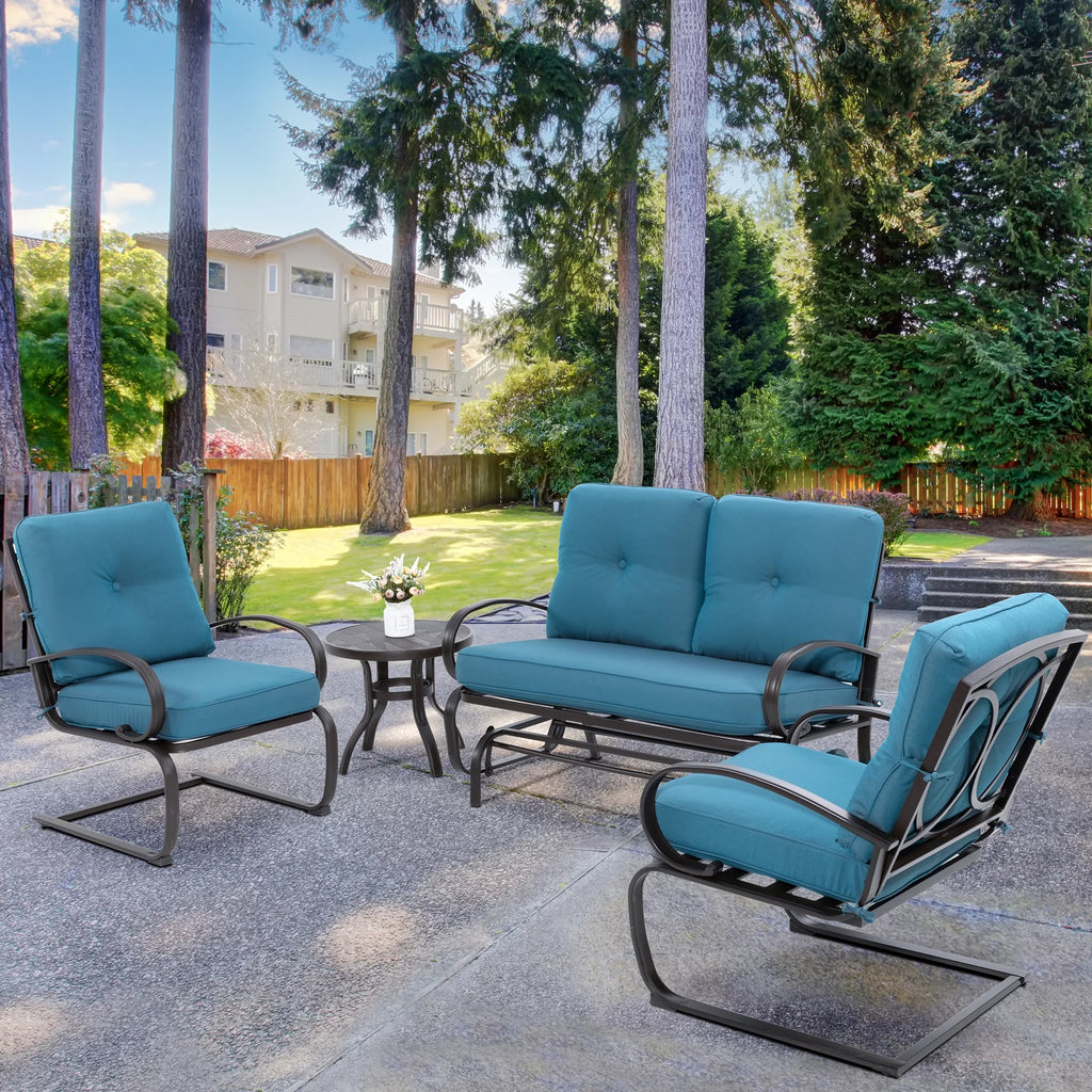 4 Pieces Outdoor Metal Patio Furniture Set with Coffee Table Blue Y1395