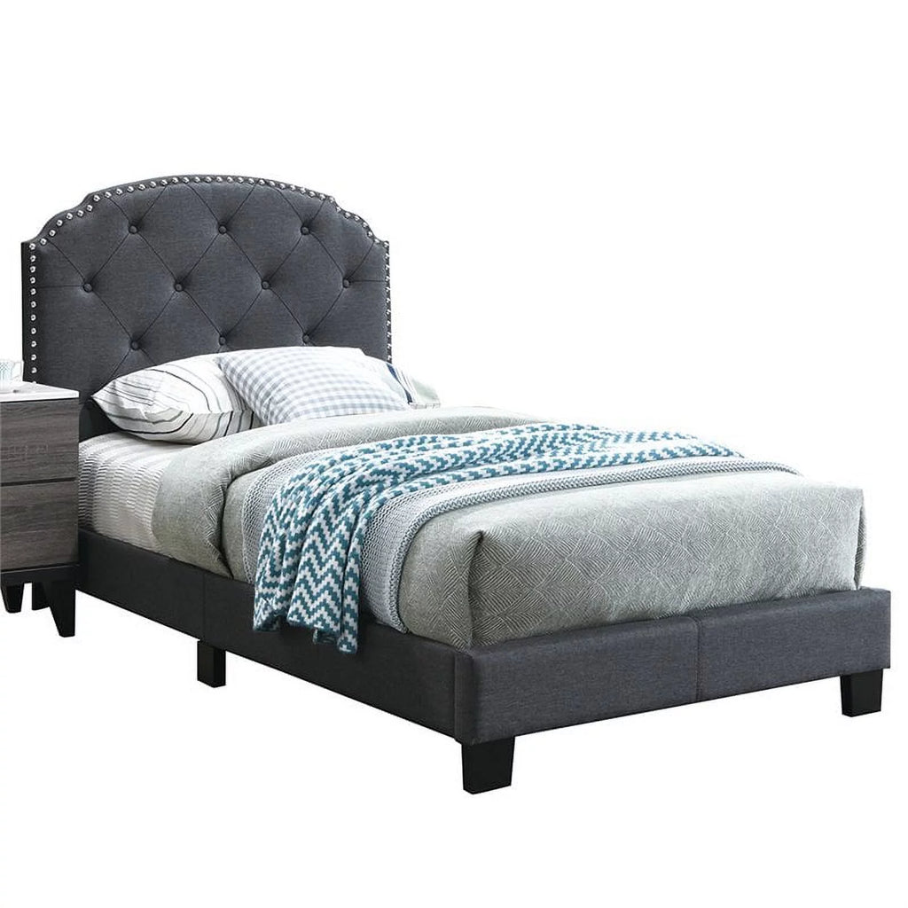 Charcoal Burlap Fabric Upholstered Twin Bed Frame with Slats J7043