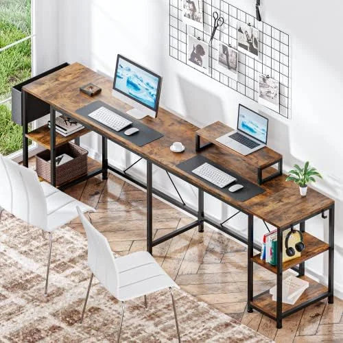 L Shaped Desk with Shelves Monitor Stand Bag Hooks Black E39837
