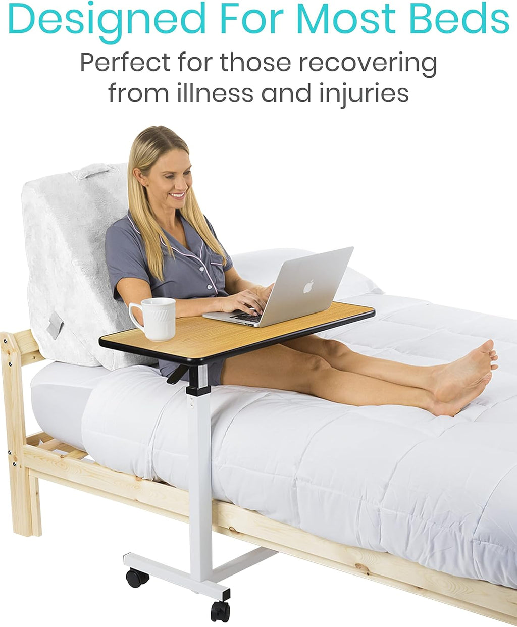 Overbed Table with Swivel Wheel Rolling Tray Adjustable Over Bedside Home Desk B195666