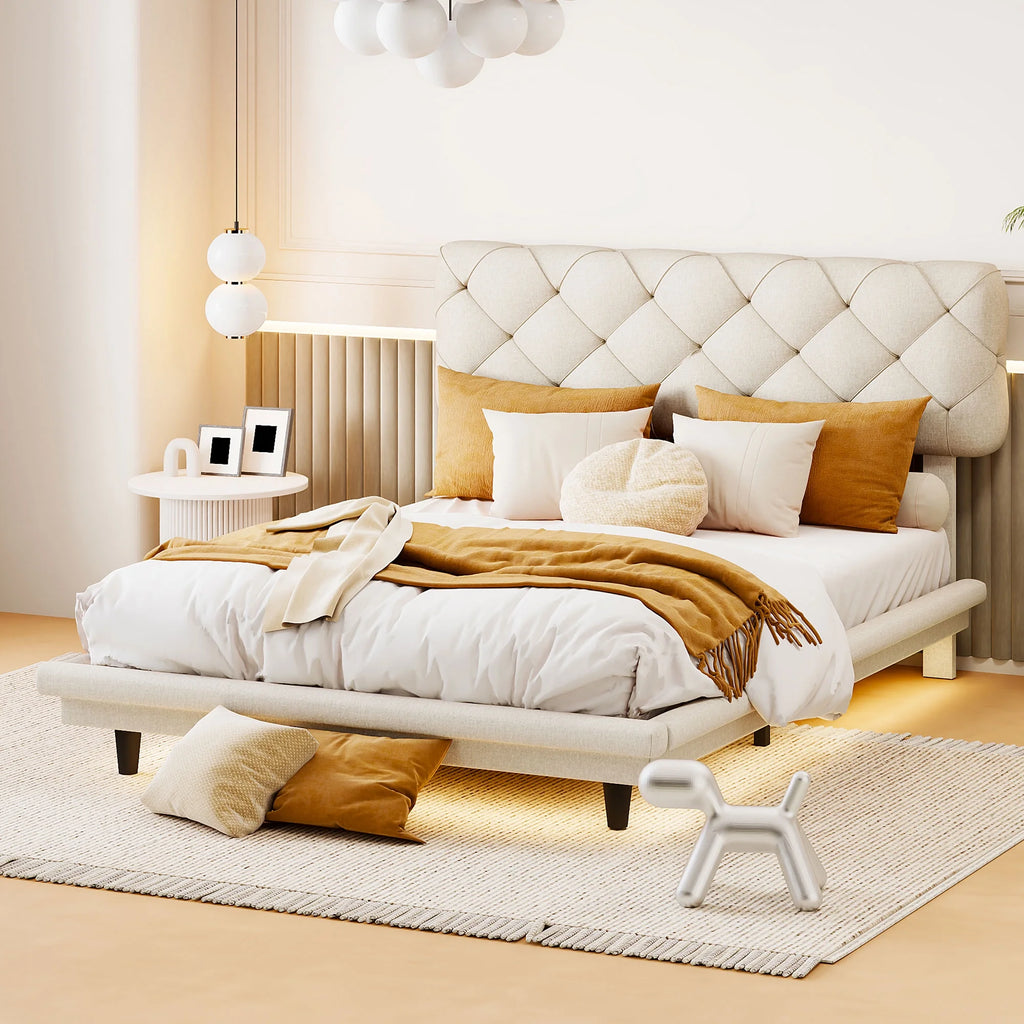 Full Size Upholstered Floating Platform Bed Linen Fabric Beige S83102