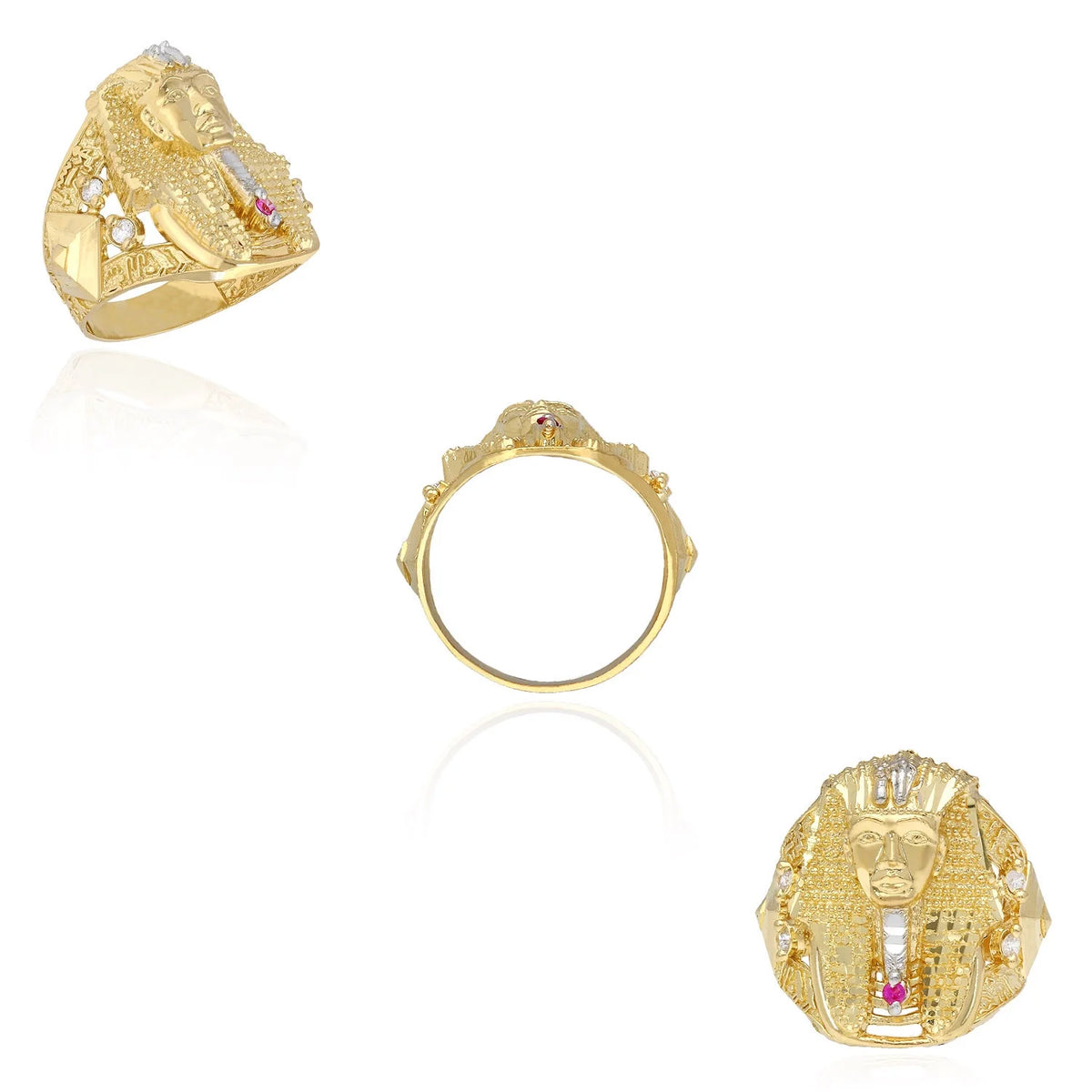 10K Solid Yellow Gold Simulated Diamond & Ruby Egyptian Pharaoh Head Mens Ring T425262
