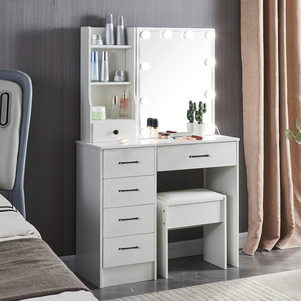 White Vanity Table with Lighted Mirror and Stool E54259