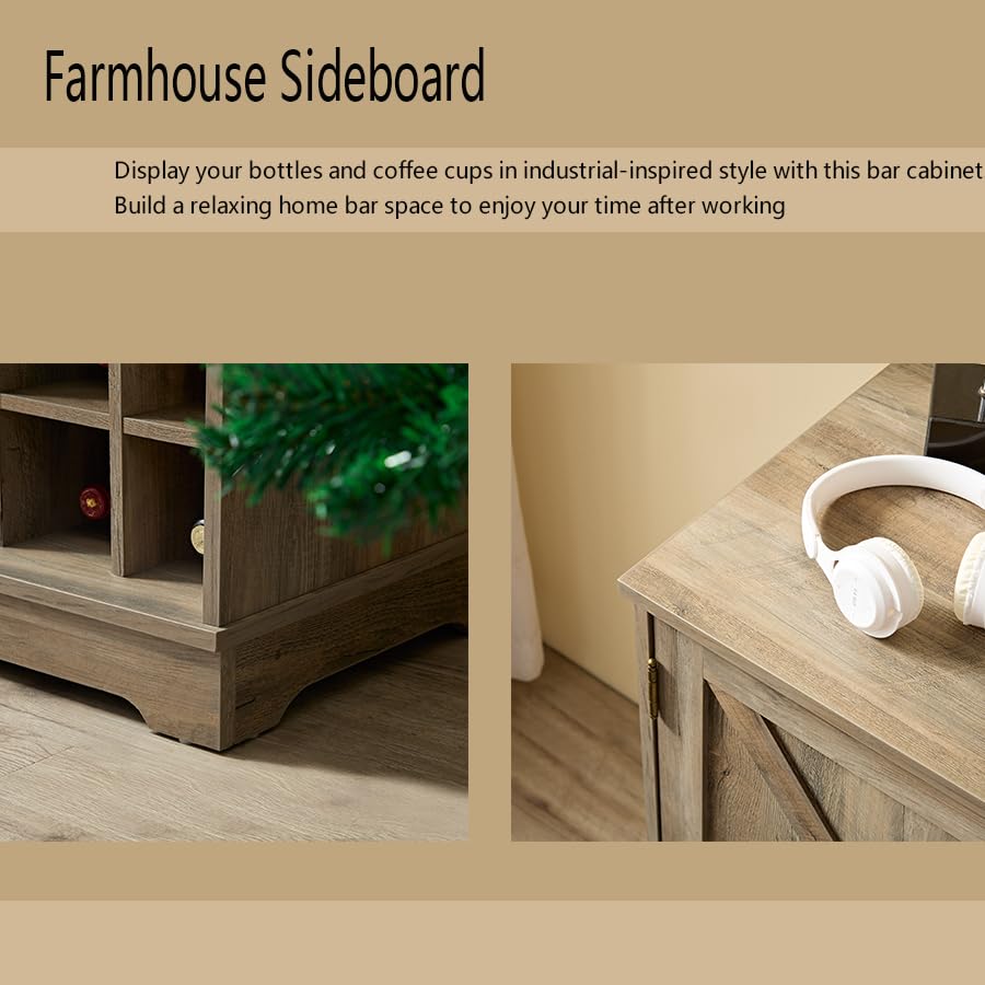 Gray Wash Farmhouse Coffee Bar Cabinet with Drawer and Sliding Barn Door M986682