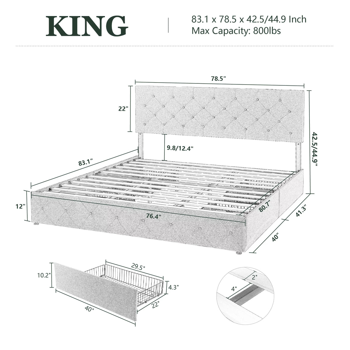 King Size Platform Bed Frame with Headboard and 4 Drawers, Dark Grey Z53394