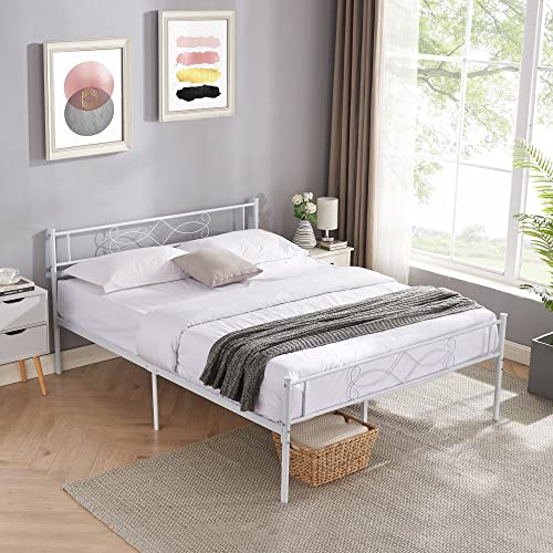 14" Full Size White Metal Platform Bed Frame with Headboard Y3159