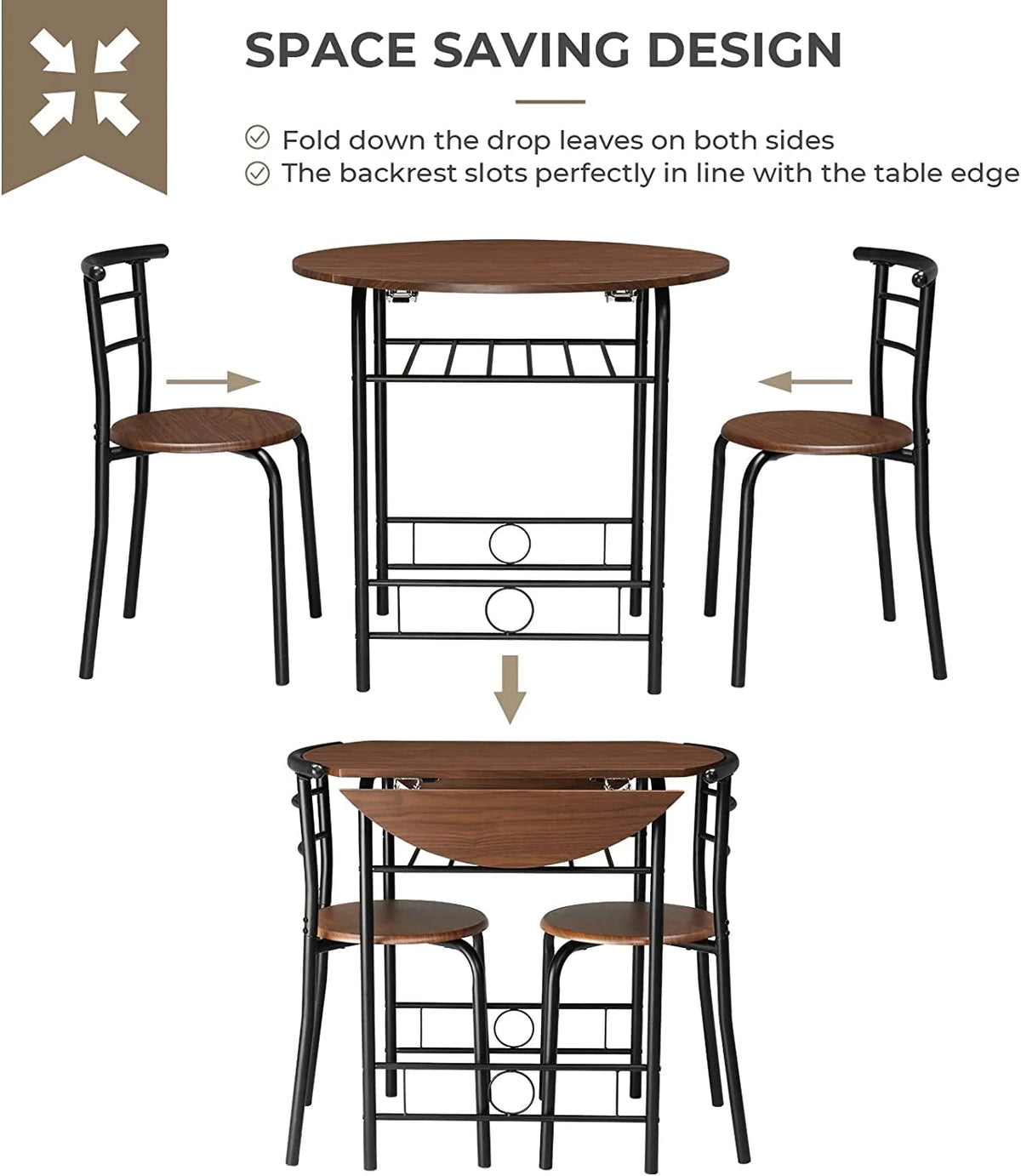 Folding Dining Table and Chairs for 2, Black & Brown I196896