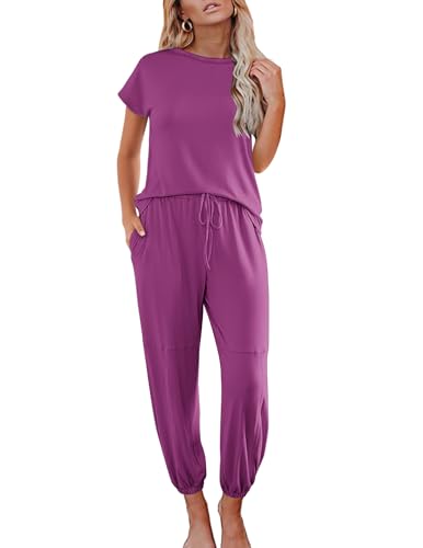 2 Piece Cap Sleeve Pajamas Set with Joggers Pants D54961