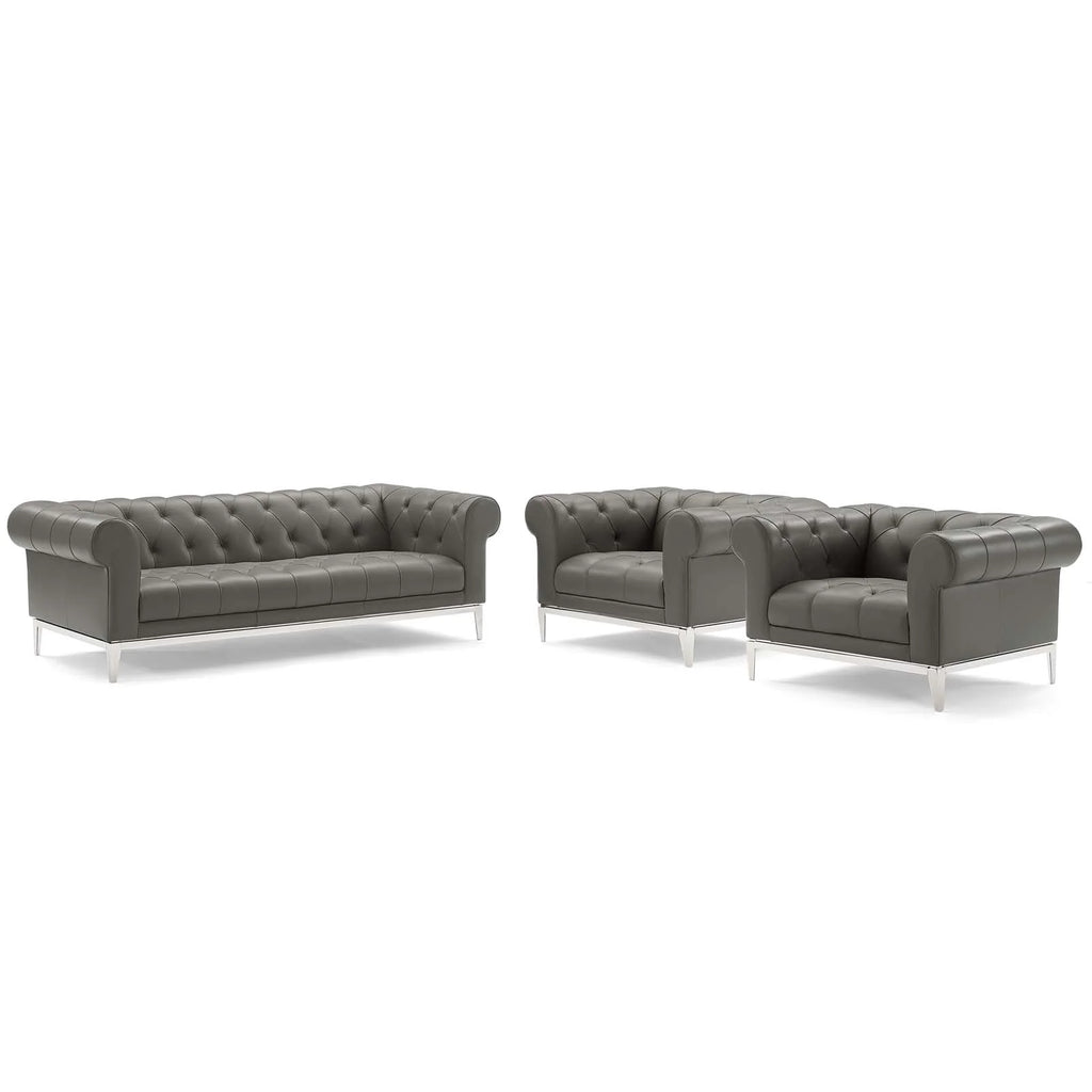 Tufted Upholstered Leather 3 Piece Set in Gray T482