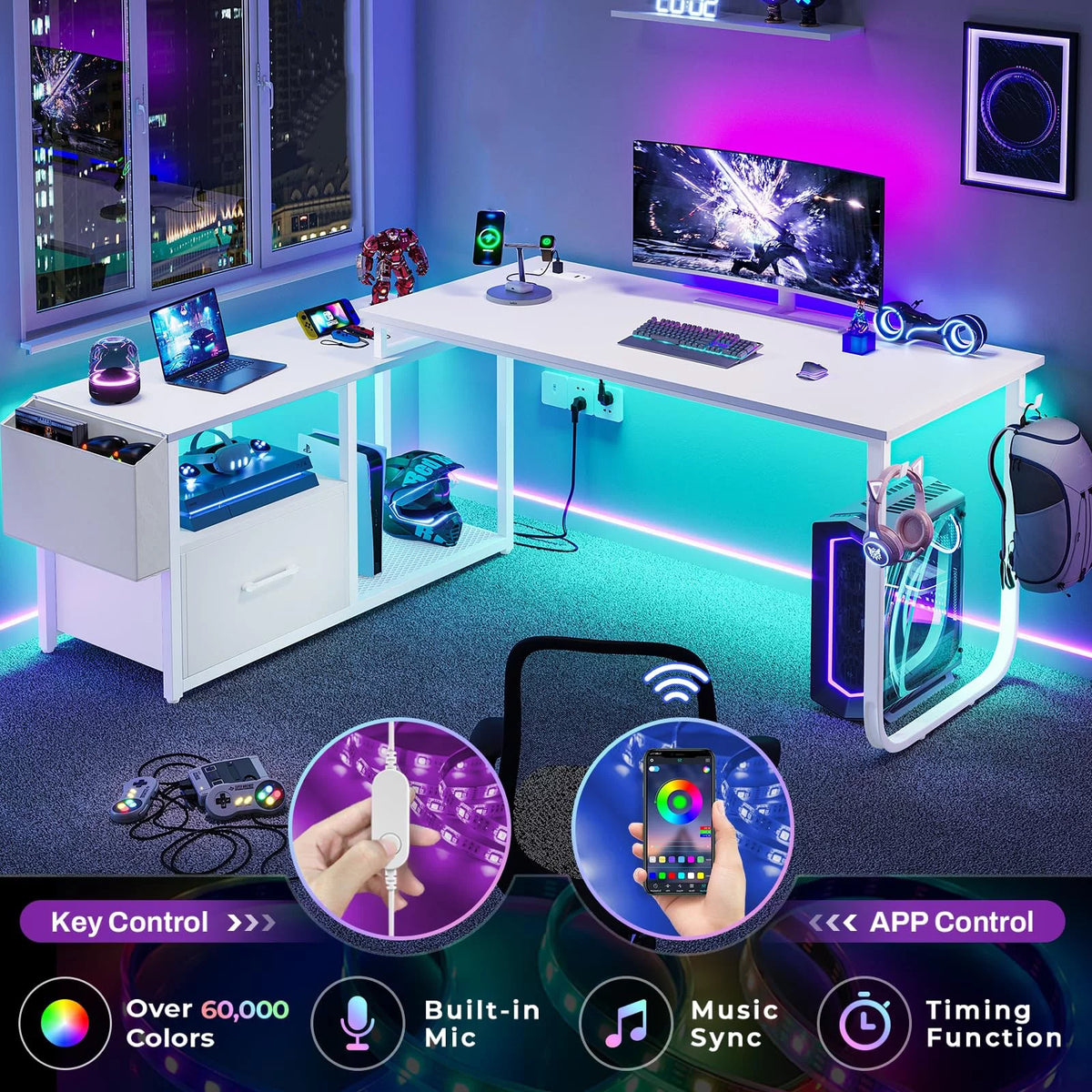 L Shaped Desk with LED Light and Power Outlet L15985