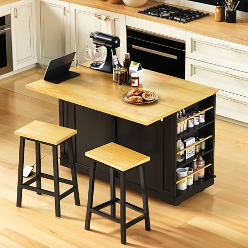 Black 48-inch Rolling Kitchen Island with Drop Leaf & Power Outlet P4596