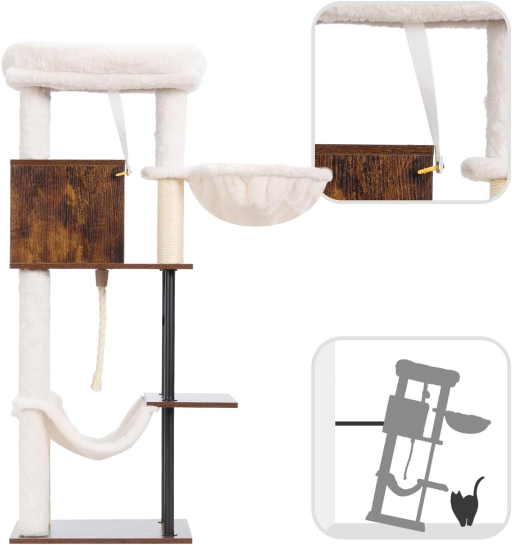 Rustic Brown 43.3in Wood Cat Tree with Sisal Rope Scratching Post C743283