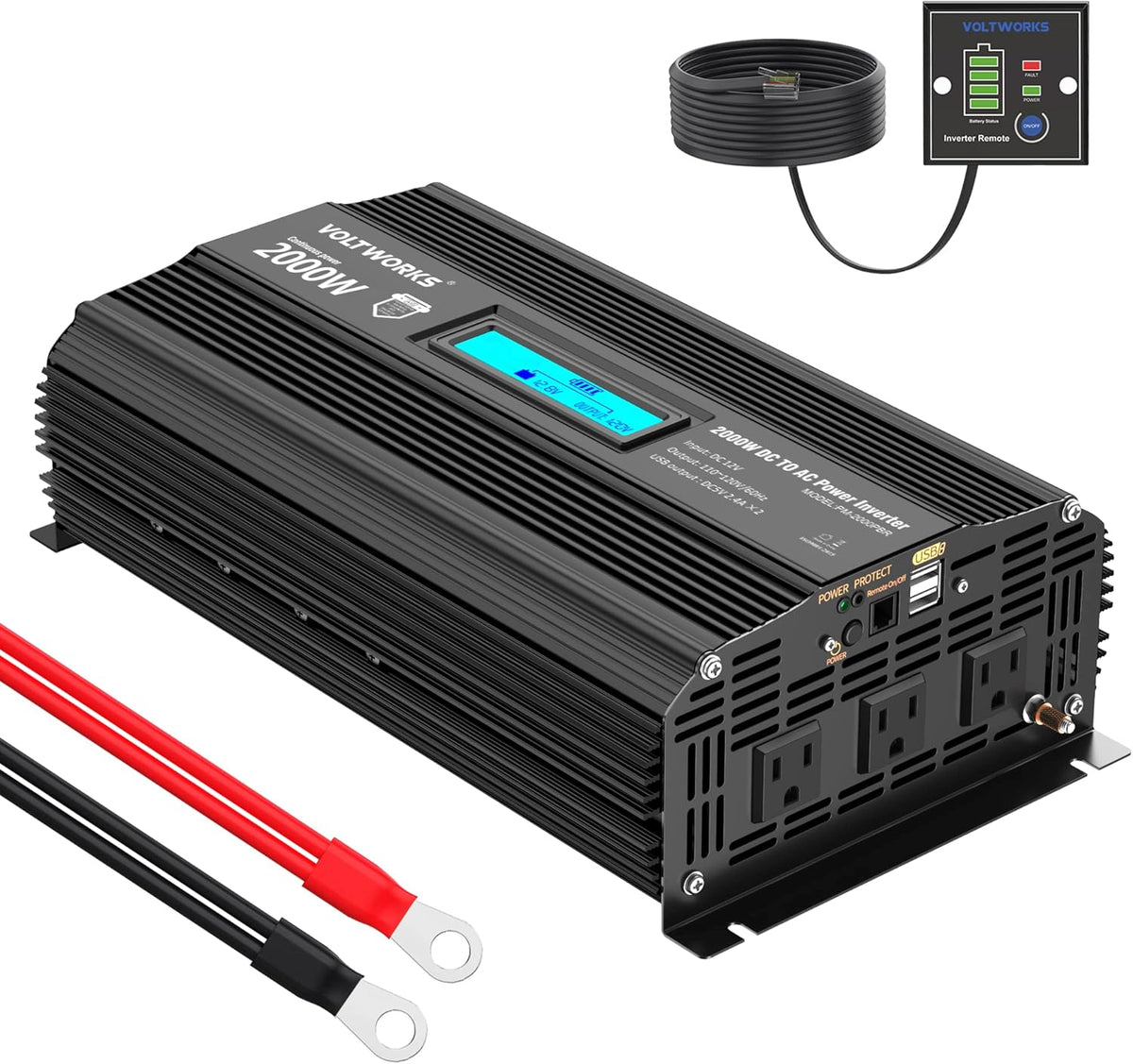 1100 watt Modified Sine Wave Power Inverter with LCD Display Remote Control 2AC Outlets Dual USB Ports Z6889