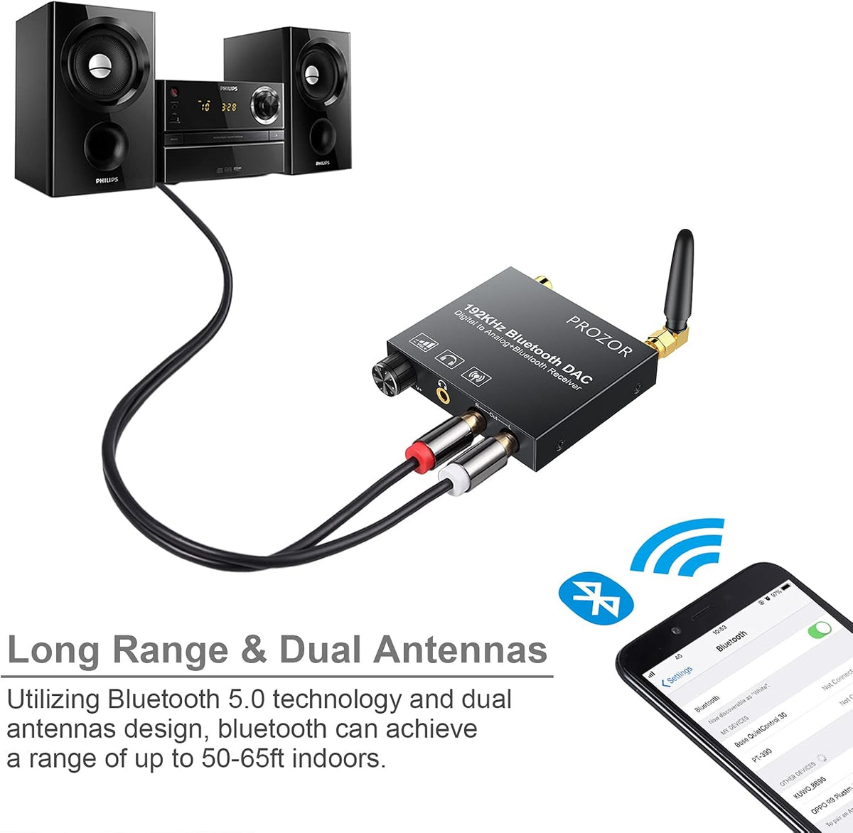 192kHz Digital to Analog Audio Converter with Bluetooth Receiver, Optical Coaxial to Stereo Analog RCA & 3.5mm T498