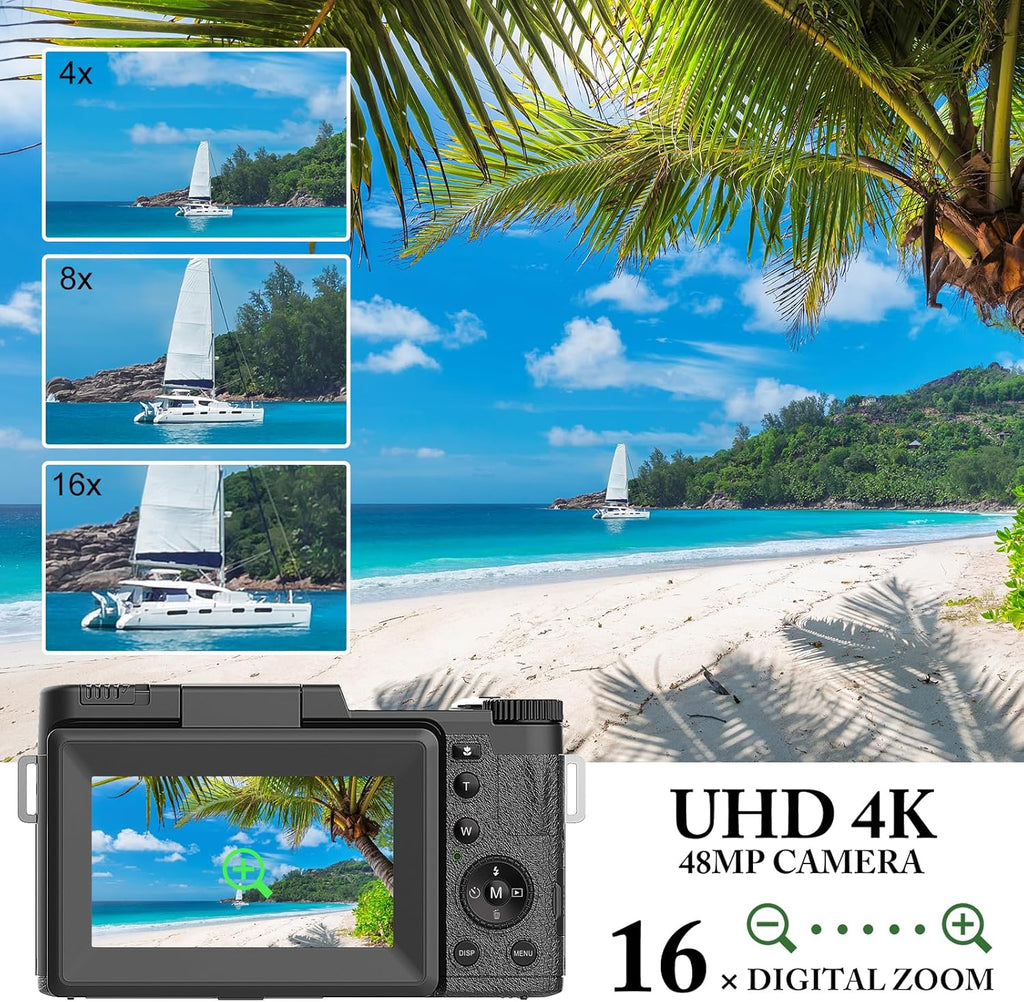 48MP 4K Digital Camera with 16X Digital Zoom Macro Camera, 3’’180°Flip Screen Compact Video Camera with Liftable Flash, SD Card&2 Batteries J7084