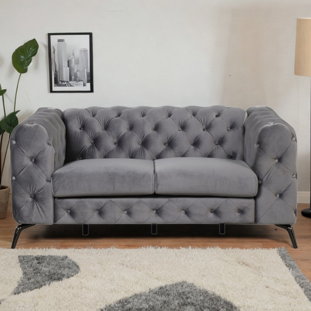 Gray Velvet Button Tufted Loveseat Sofa Z5977