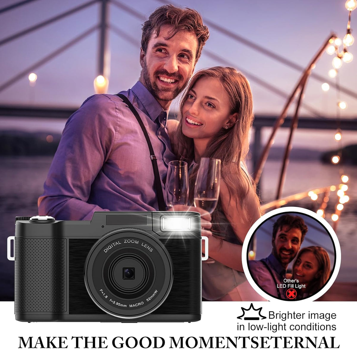 48MP 4K Digital Camera with 16X Digital Zoom Macro Camera, 3’’180°Flip Screen Compact Video Camera with Liftable Flash, SD Card&2 Batteries J7084