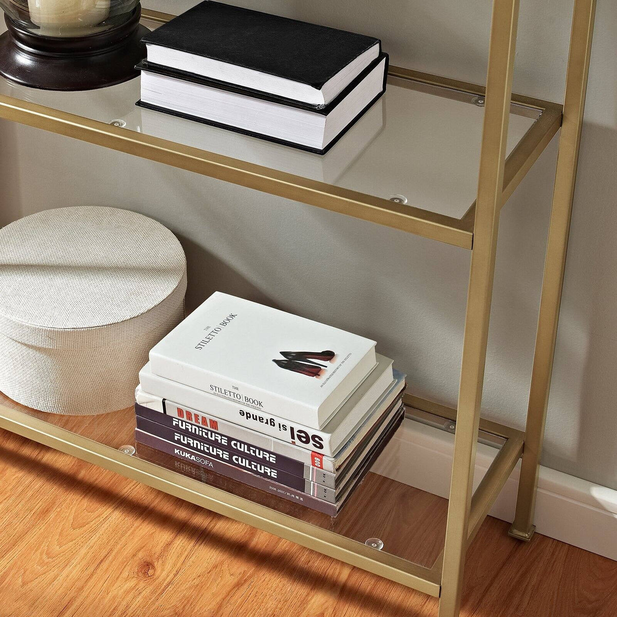 Antique Gold 4 Shelf Glass Metal Etagere Bookcase N5451