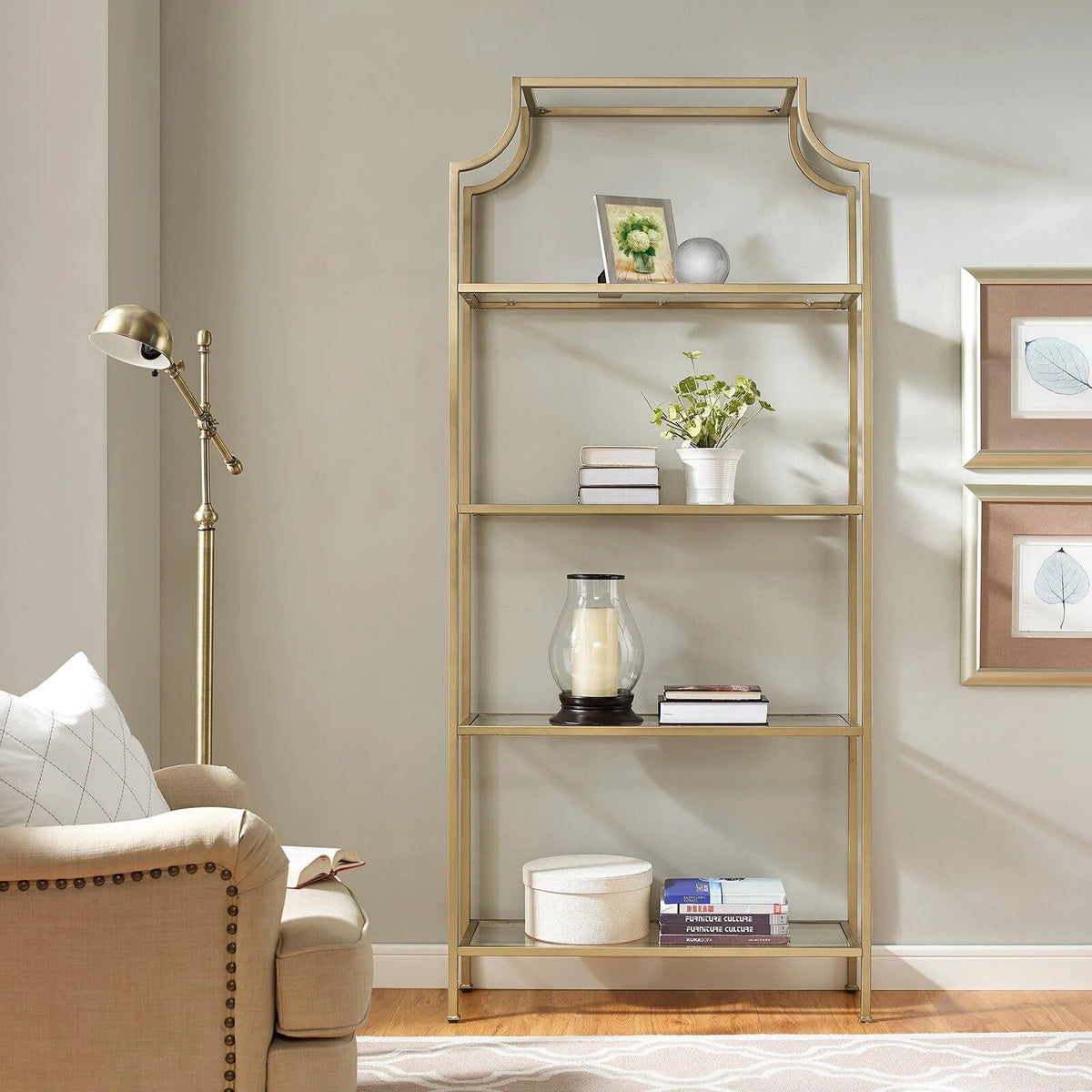 Antique Gold 4 Shelf Glass Metal Etagere Bookcase N5451
