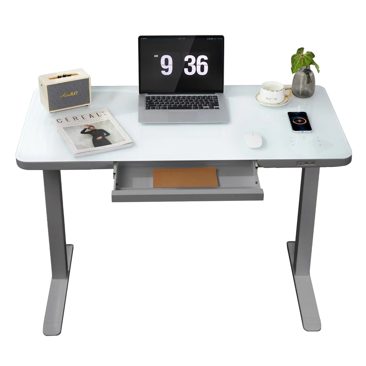 Gray Dual Motor Height Adjustable Desk with Drawer and Tempered Glass Top Z997483