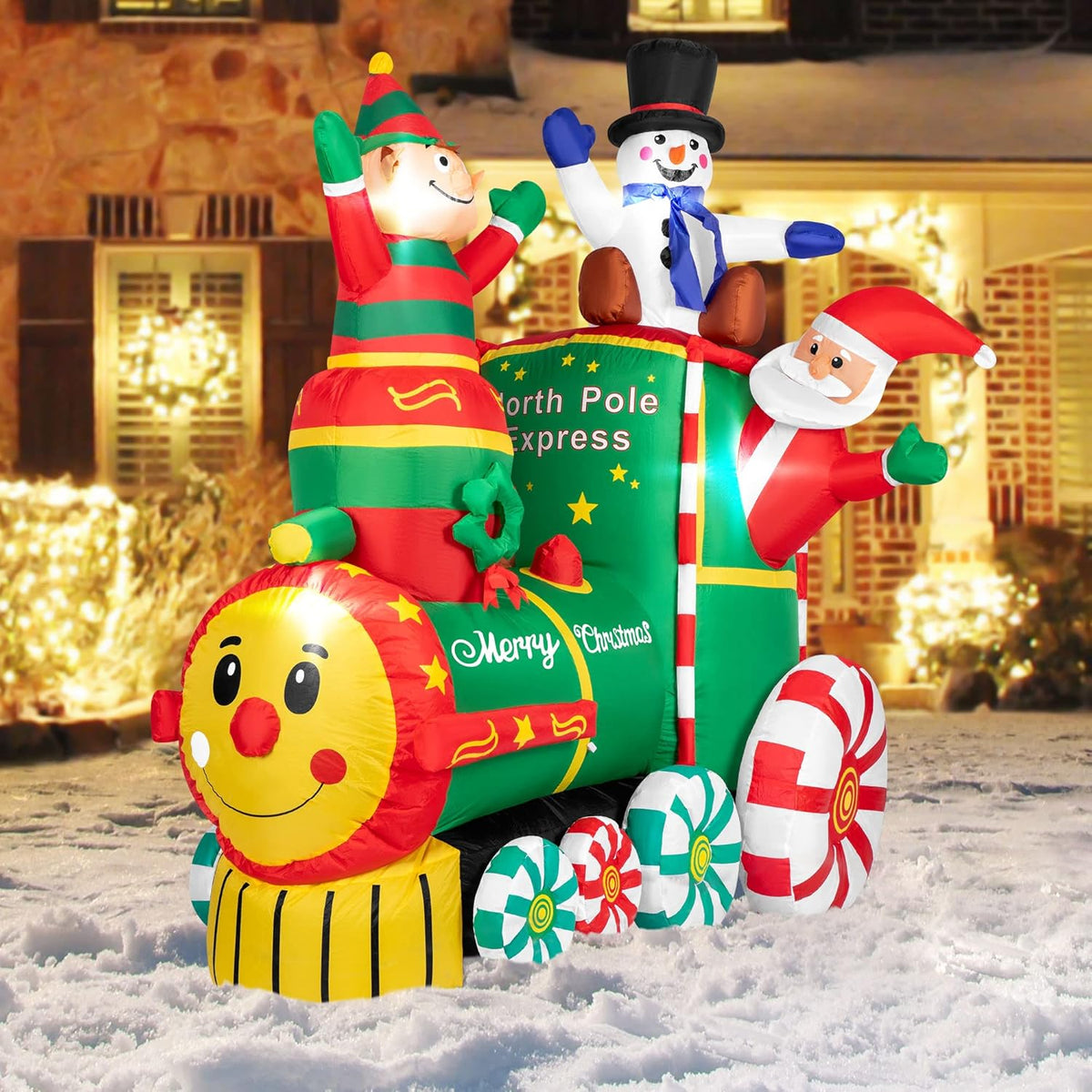 6ft Height Christmas Inflatable Santa Claus with Elf and Snowman Built-in LED Lights J646393
